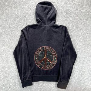 Juicy Couture Black Label‎ Velour Zip Hoodie L Sequin Peace Logo Y2K Streetwear